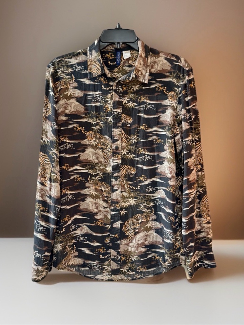 DIVIDED by H&M Black & Tan Animal-Print Button-Down Shirt w/Floral Accents-S-EUC
